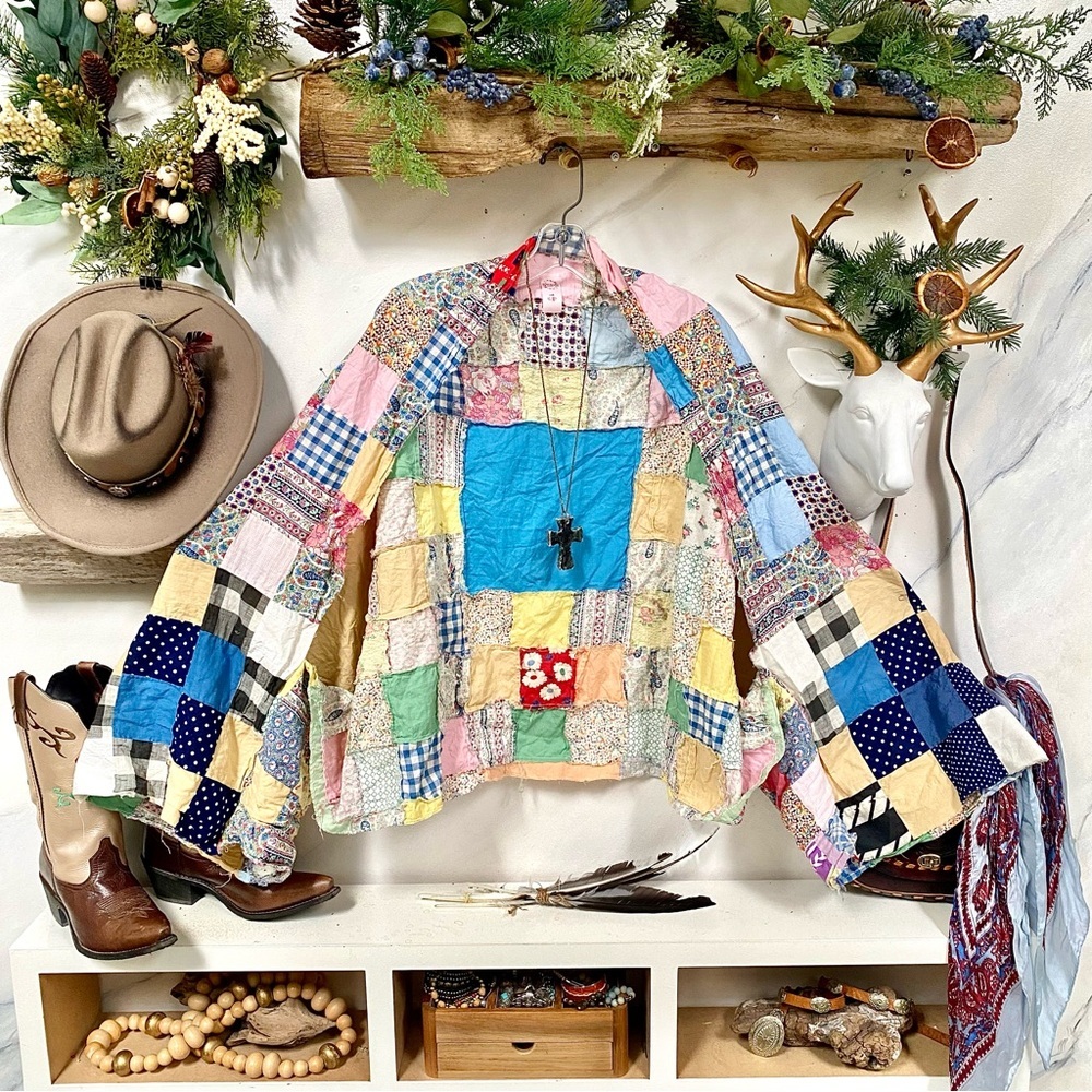 🌙ARTISAN patchwork Gypsy boho rustic cover up / shrug w southwestern hippy vibe